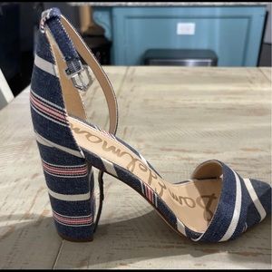 Sam Edelman Denim striped shoe. Block 31/2 inch heel. Size 8 1/2. Worn once.